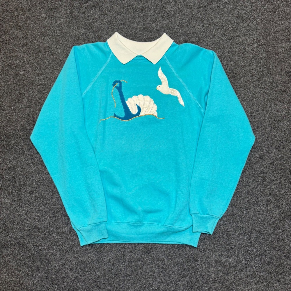 Vintage Hanes Sweatshirt Turquoise Nautical Anchor Shell Bird Collar USA Large